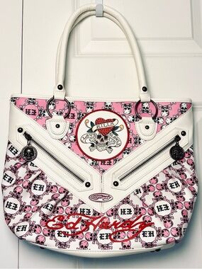 Ed Hardy Pink/ White Tattoo Skull & Crossbones Large Tote Handbag